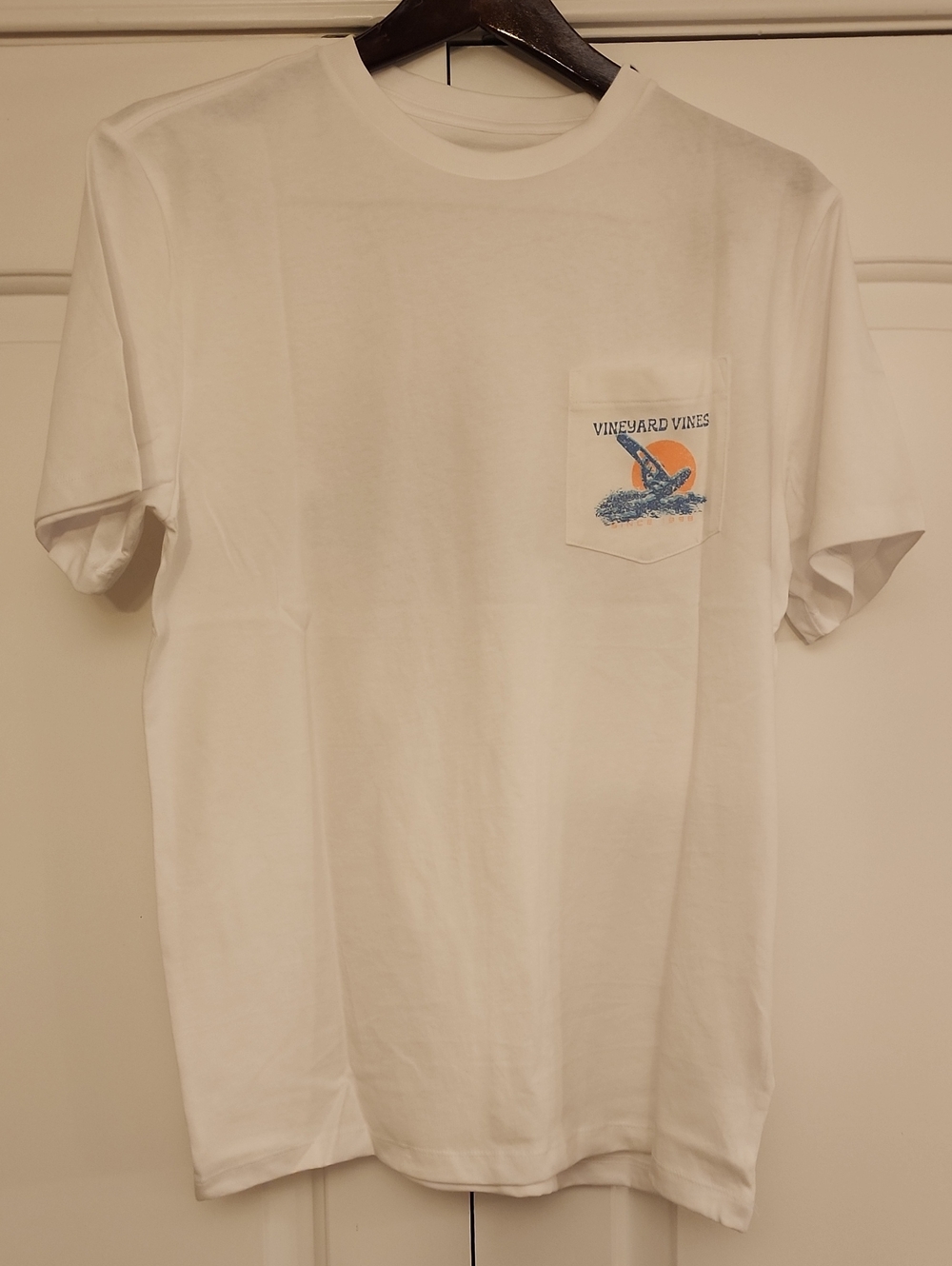 Vineyard Vines White Short Sleeve Pocket Tee with Orange & Blue Whale Graphic
